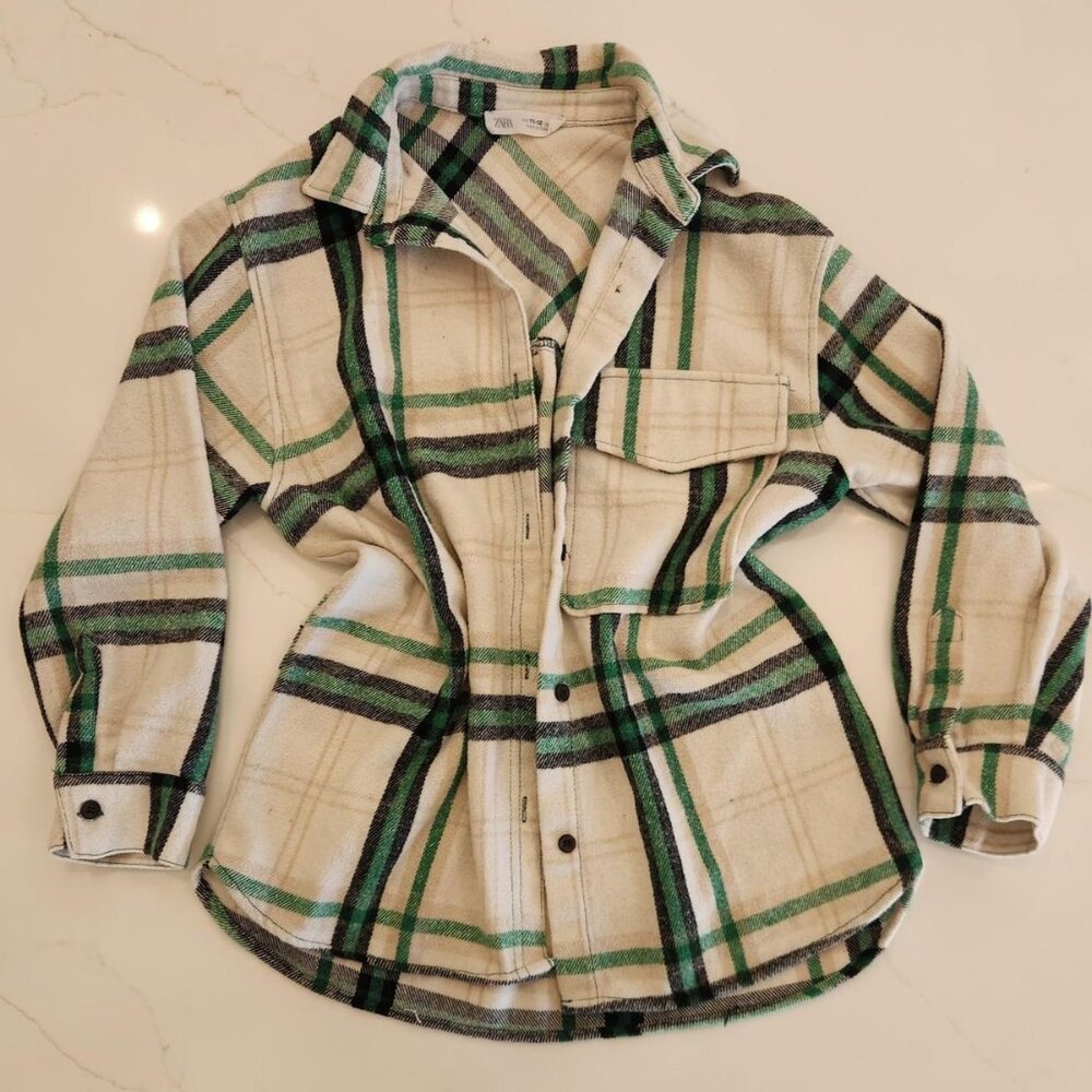Zara Sz 11-12 Girls Cream Green Flannel Button Up Youth Outdoors Casual School